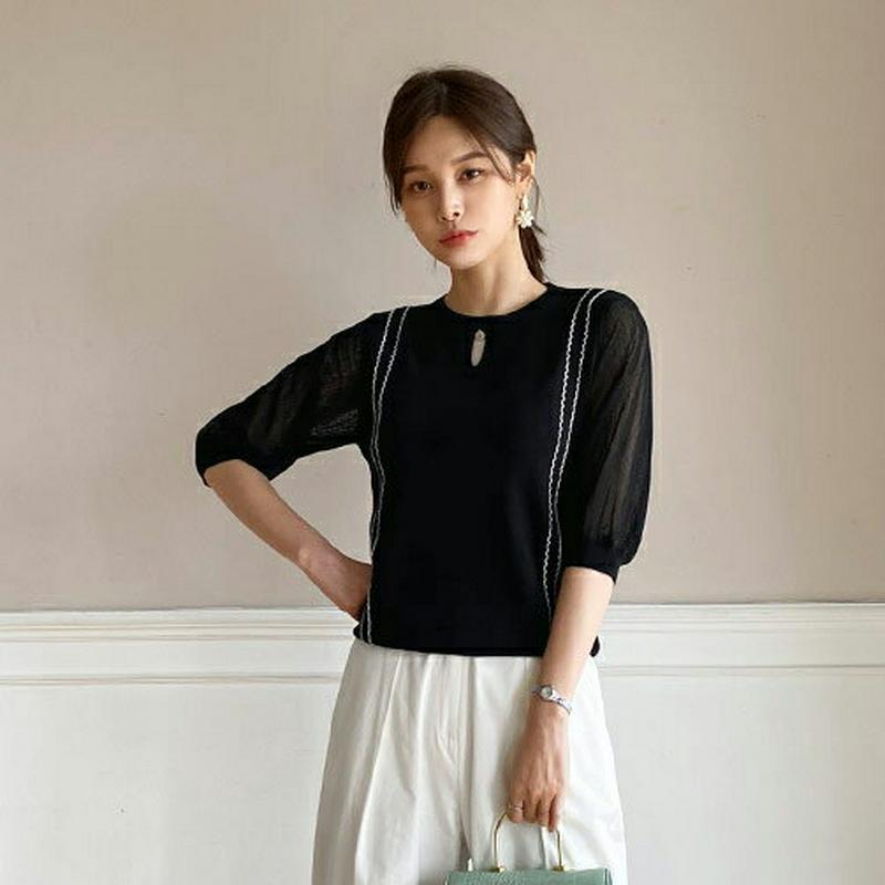コインポイントウェーブ刺繍ニット・全2色・b62187 レディース【tops】【トップス ニット ニットトップス 七分丈 七分袖