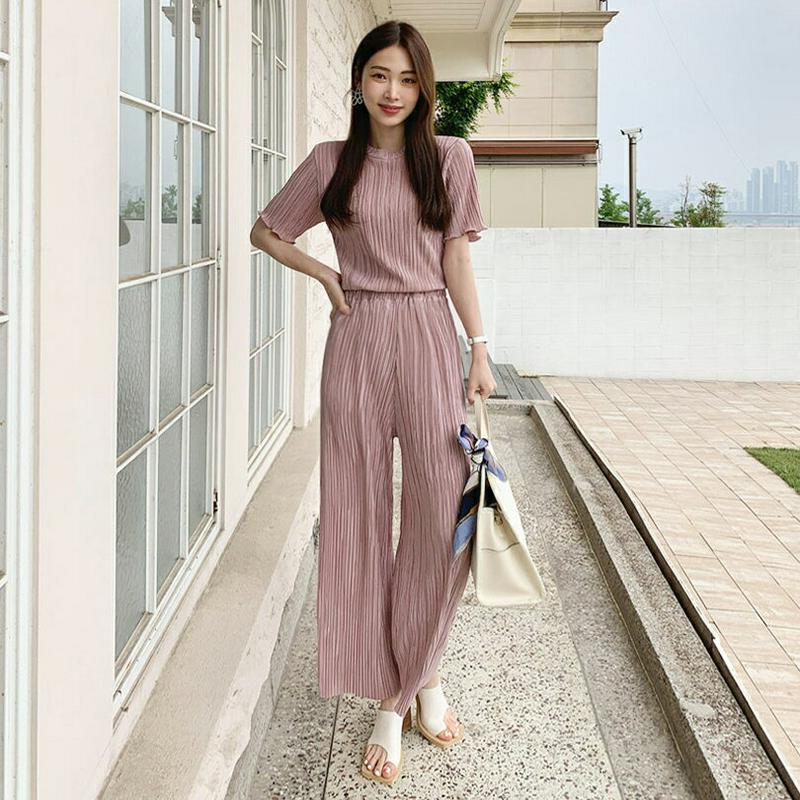 ウェーブプリーツTシャツ&パンツSET・全5色・t62205 レディース【pt】【セットアップ トップス 半袖 Tシャツ パンツ