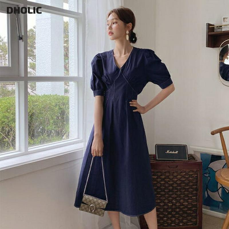 ステッチパフワンピース・全2色・59573 レディース【ops】【ワンピース ミディ丈 ミディワンピース ひざ下 半袖 ハーフス