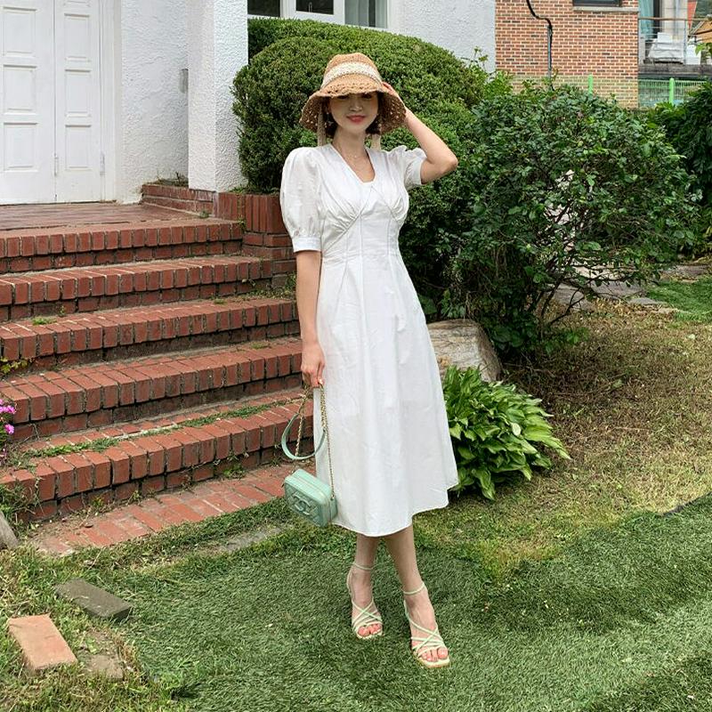 ステッチパフワンピース・全2色・59573 レディース【ops】【ワンピース ミディ丈 ミディワンピース ひざ下 半袖 ハーフス