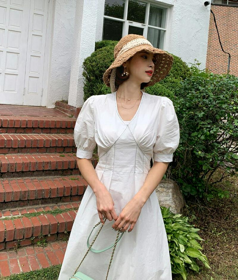 ステッチパフワンピース・全2色・59573 レディース【ops】【ワンピース ミディ丈 ミディワンピース ひざ下 半袖 ハーフス