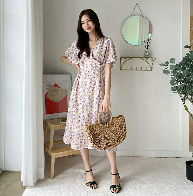 フリルリボン花柄ワンピース・全2色・b59574 レディース【ops】【ワンピース ロング ロングワンピース 半袖 花柄 フリル