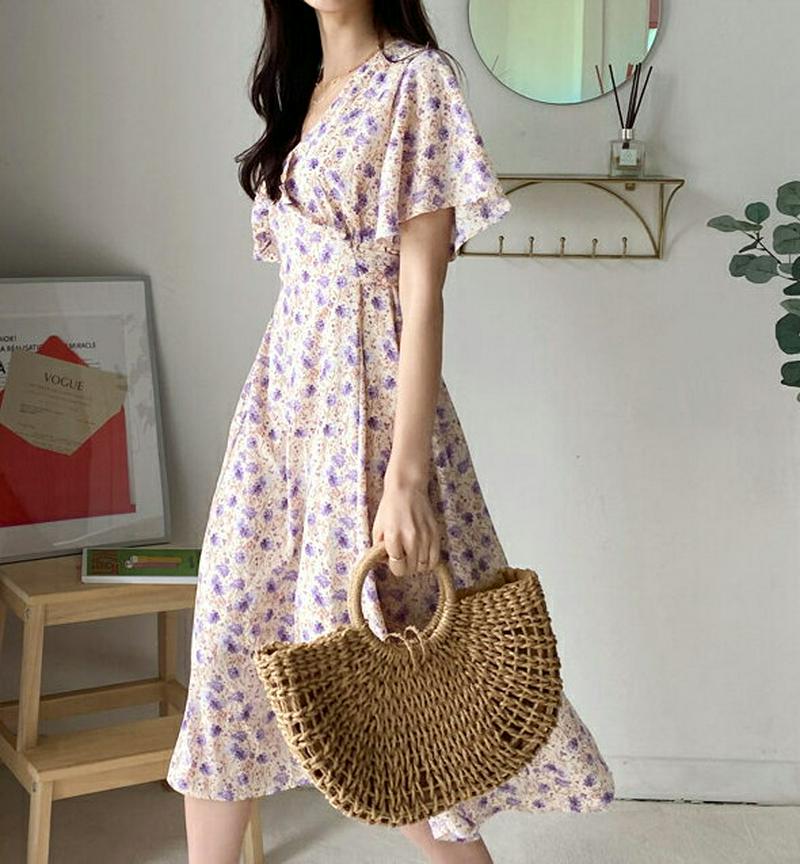 フリルリボン花柄ワンピース・全2色・b59574 レディース【ops】【ワンピース ロング ロングワンピース 半袖 花柄 フリル