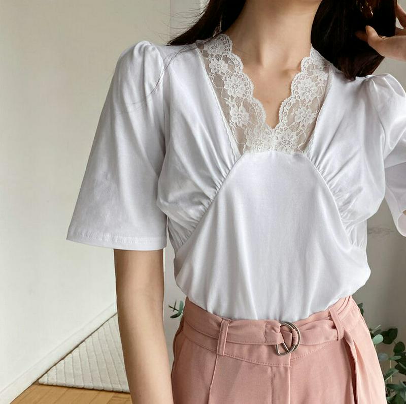 レースVネックギャザーTシャツ・全2色・t59565 レディース【tops】【トップス Tシャツ 半袖 ハーフスリーブ 襟コンシ