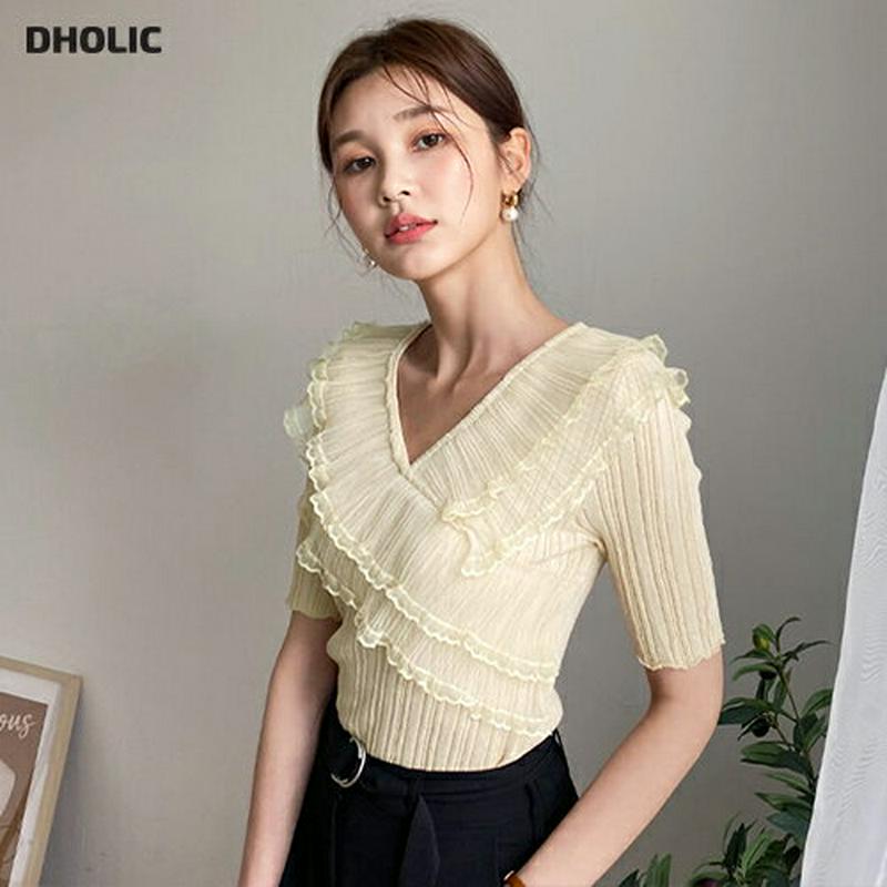 Vネックフリルニット・全4色・b59568 レディース【tops】 韓国ファッション トップス ニット ニットトップス フリル Vネック ユニーク 個性的 半袖 ハーフスリーブ 2重 ボリューム 可愛い かわいい ガーリー 大人 春 夏224