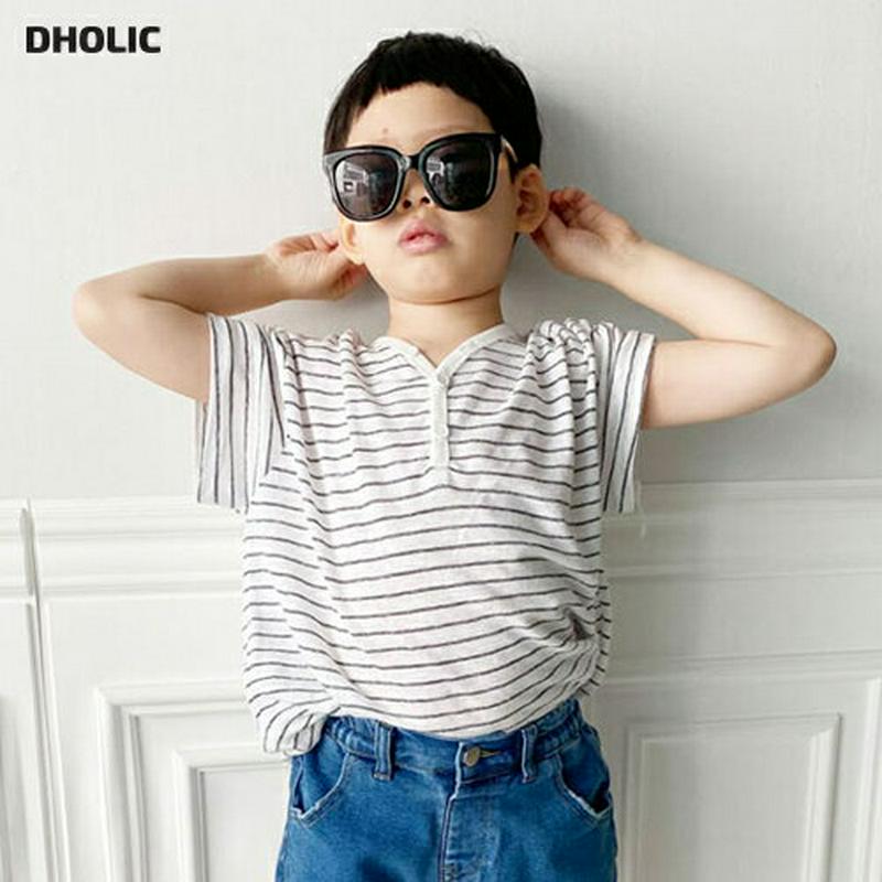ボーダーボタンネックTシャツ p001491 キッズ 【3~8才】【tops】【韓国 ファッション トップス Tシャツ カットソー 半袖 ショートスリーブ ハーフスリーブ パターン ボーダー 柄 プチプラ 子供 子供服 小学生 ジュニア 夏】【KIDS】