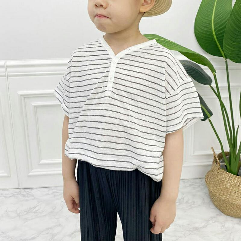 ボーダーボタンネックTシャツ p001491 キッズ 【3~8才】【tops】【韓国 ファッション トップス Tシャツ カットソー 半袖 ショートスリーブ ハーフスリーブ パターン ボーダー 柄 プチプラ 子供 子供服 小学生 ジュニア 夏】【KIDS】