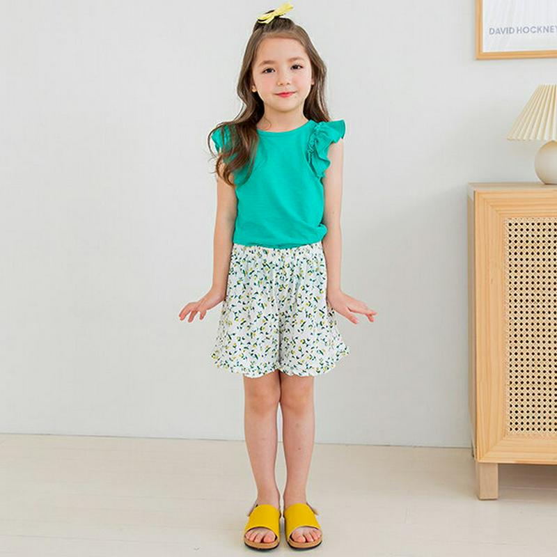 袖フリルTシャツ&パターンパンツSET(グリーン)・p002364 キッズ【3~8才】【set】【セット set トップス Tシ