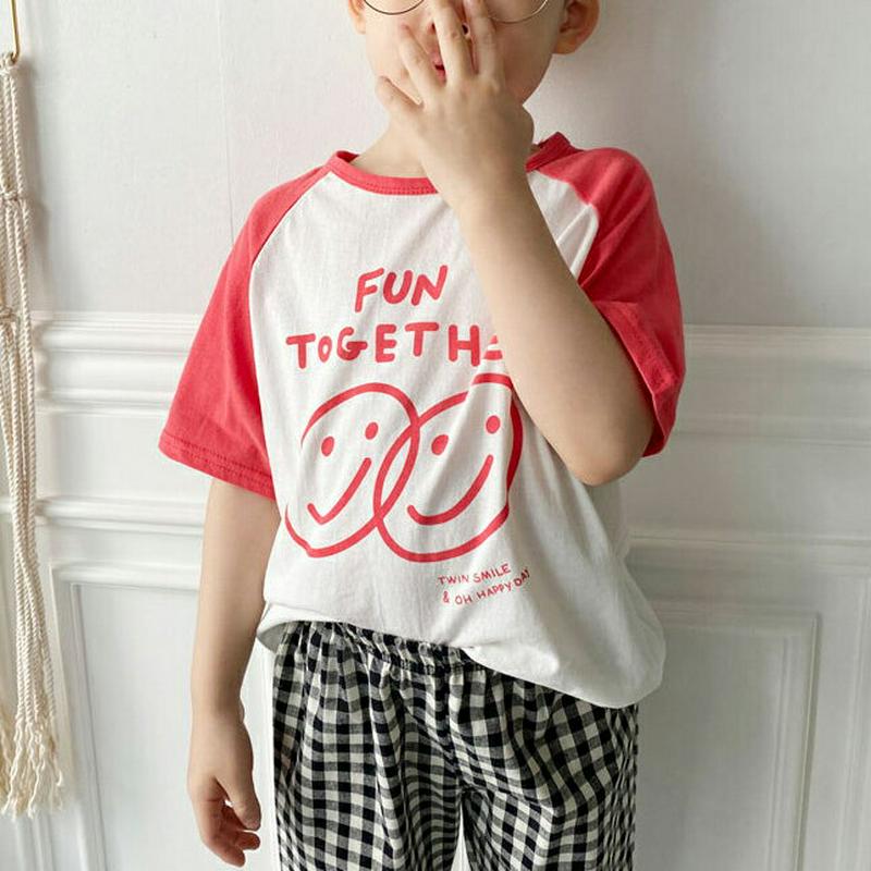 スマイル配色Tシャツ・p002334 キッズ【3~8才】【tops】【トップス Tシャツ 半袖 ハーフスリーブ スマイル ロゴ ロゴT カジュアル ラフ 女の子 男の子 春 夏 子供 こども 子供服 こども服】【KIDS】