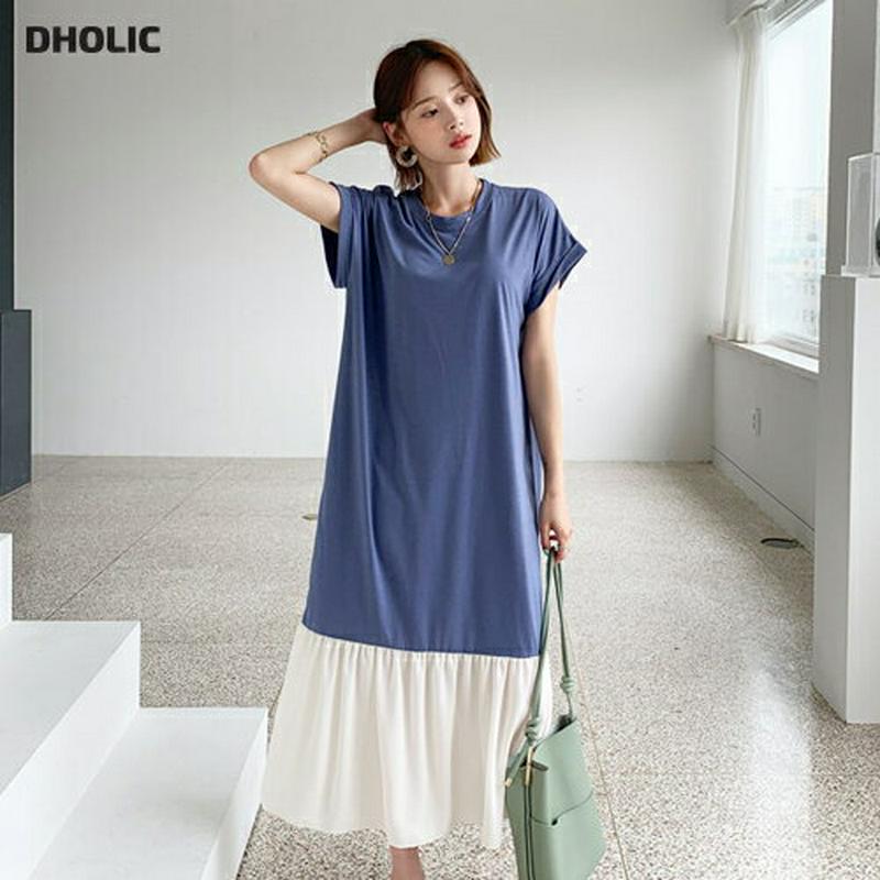 配色フレアヘムワンピース・全3色・b56156 レディース【ops】【ワンピース ロング ロングワンピース 半袖 フレア フレア