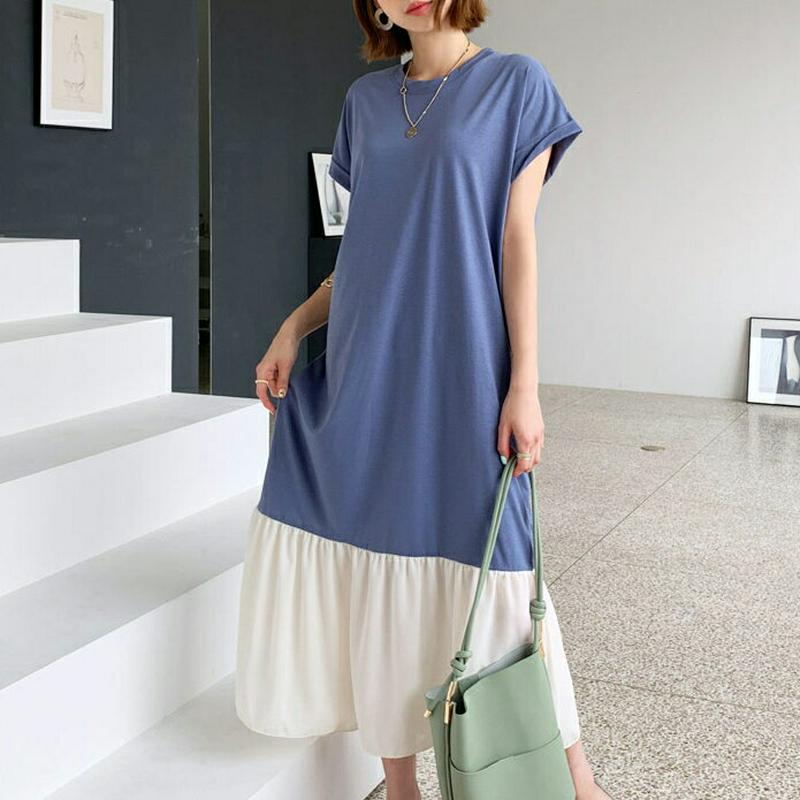 配色フレアヘムワンピース・全3色・b56156 レディース【ops】【ワンピース ロング ロングワンピース 半袖 フレア フレア