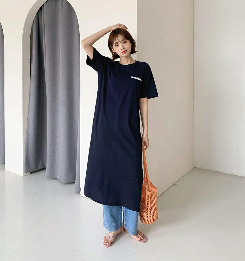 レタリングボタンワンピース・全2色・t55728 レディース【ops】【ワンピース ロング ロングワンピース 半袖 ハーフスリー