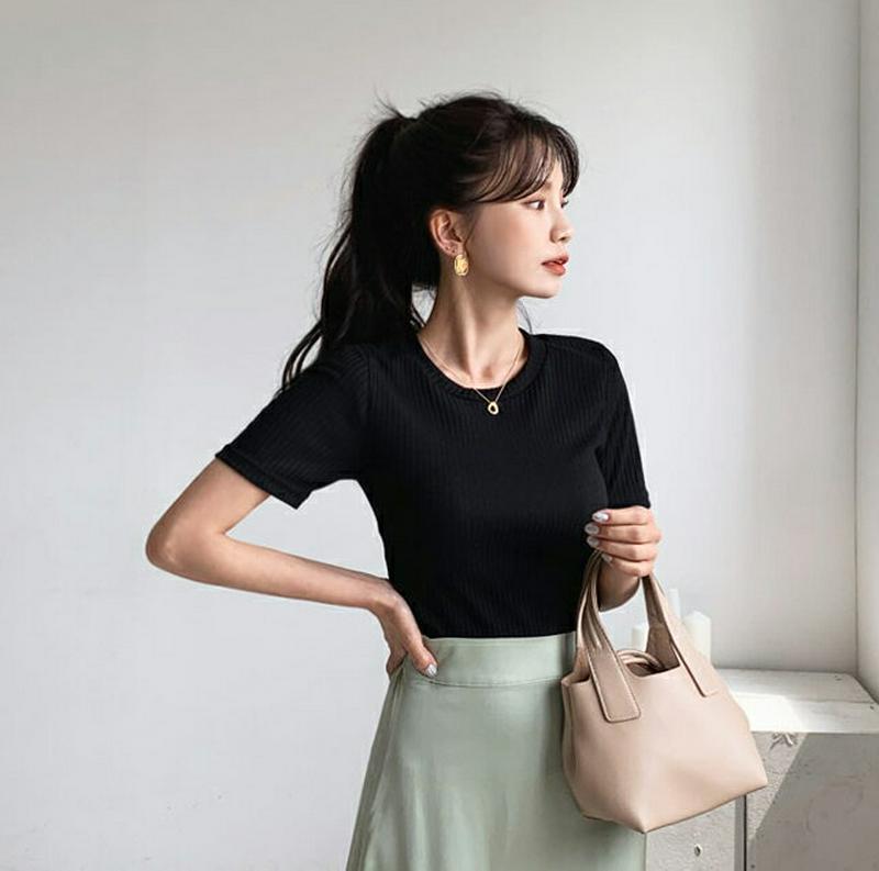 スリムリブ半袖Tシャツ・全8色・55751 レディース【tops】【トップス Tシャツ 半袖 スリム リブ リブトップス 単色 
