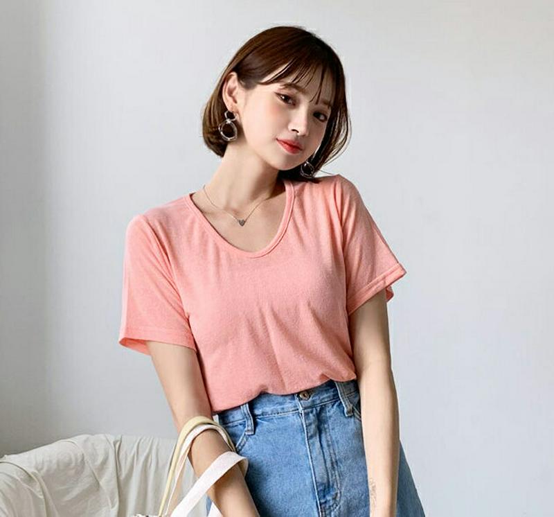 Uネック半袖Tシャツ・全4色・b55715 レディース【tops】【トップス Tシャツ 半袖 単色 無地 無地T シンプル ベー