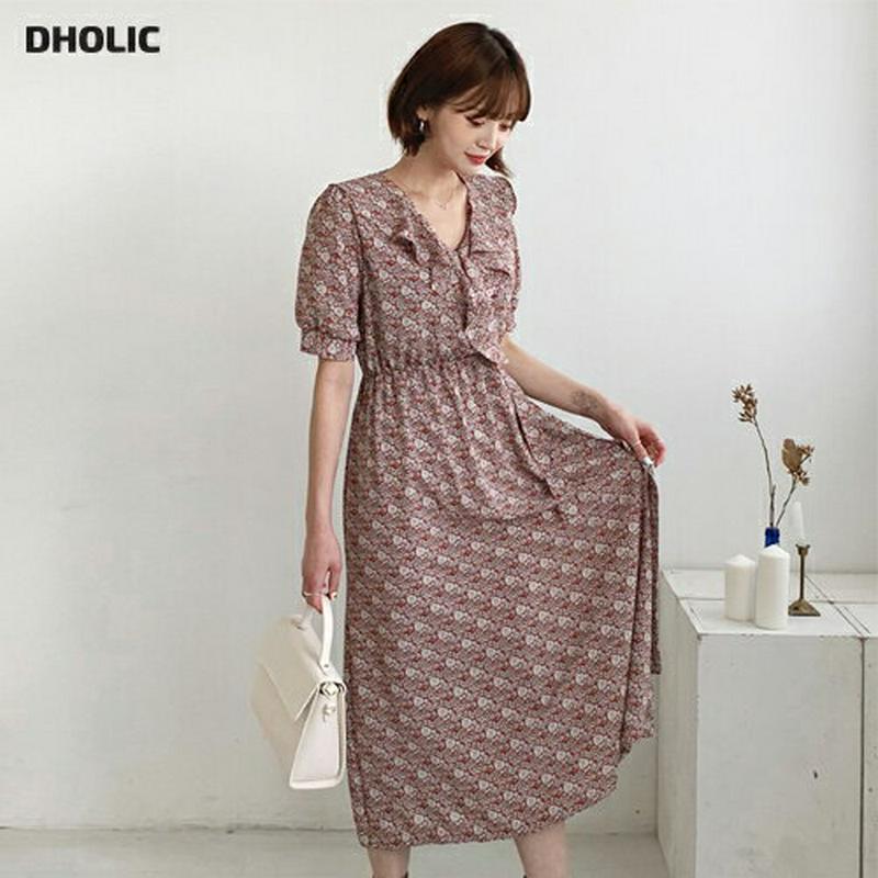 フリルフローラルワンピース・全3色・t55727 レディース【ops】【ワンピース ロング ロングワンピース 半袖 ハーフスリー