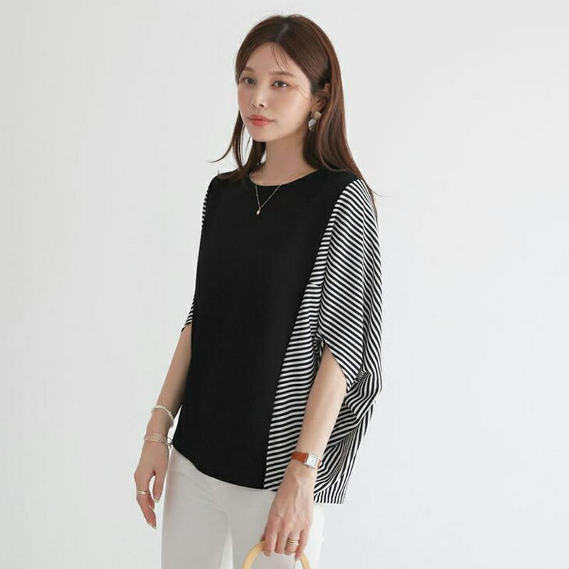 ストライプドルマンスリーブTシャツ・全2色・b62502 レディース【tops】【トップス Tシャツ 半袖 ハーフスリーブ 半端