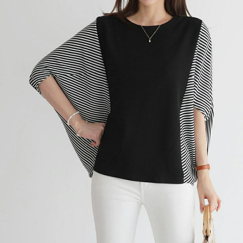ストライプドルマンスリーブTシャツ・全2色・b62502 レディース【tops】【トップス Tシャツ 半袖 ハーフスリーブ 半端