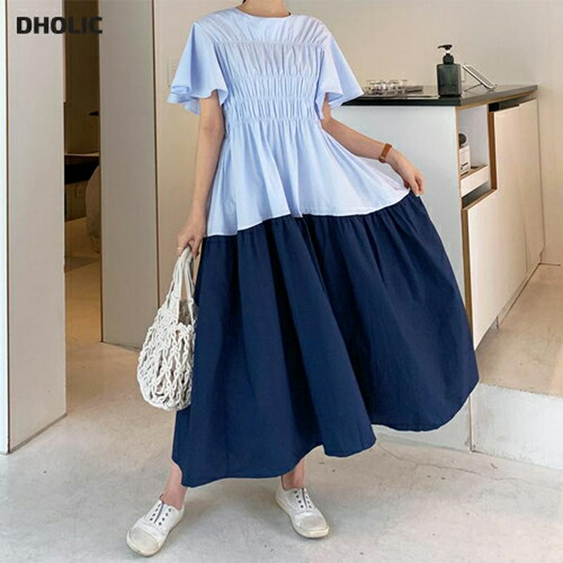 配色ギャザーワンピース・全2色・b62499 レディース【ops】【ワンピース ロング ロングワンピース 半袖 フリル ギャザー