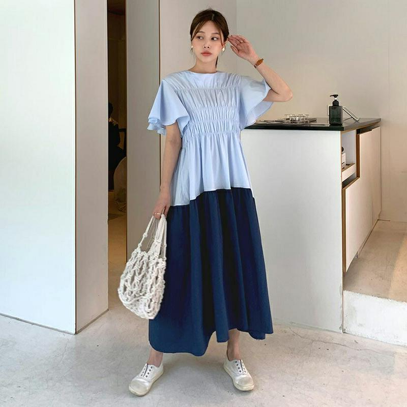 配色ギャザーワンピース・全2色・b62499 レディース【ops】【ワンピース ロング ロングワンピース 半袖 フリル ギャザー