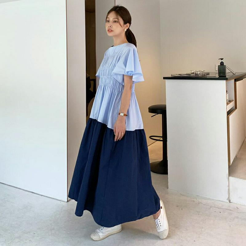 配色ギャザーワンピース・全2色・b62499 レディース【ops】【ワンピース ロング ロングワンピース 半袖 フリル ギャザー