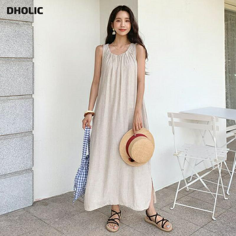 ギャザースリーブレスワンピース・全2色・b59639 レディース【ops】 韓国ファッション ワンピース ロングワンピース スリーブレス ノースリーブ ギャザー 単色 無地 シンプル ゆったり 体型カバー リネン 春 夏