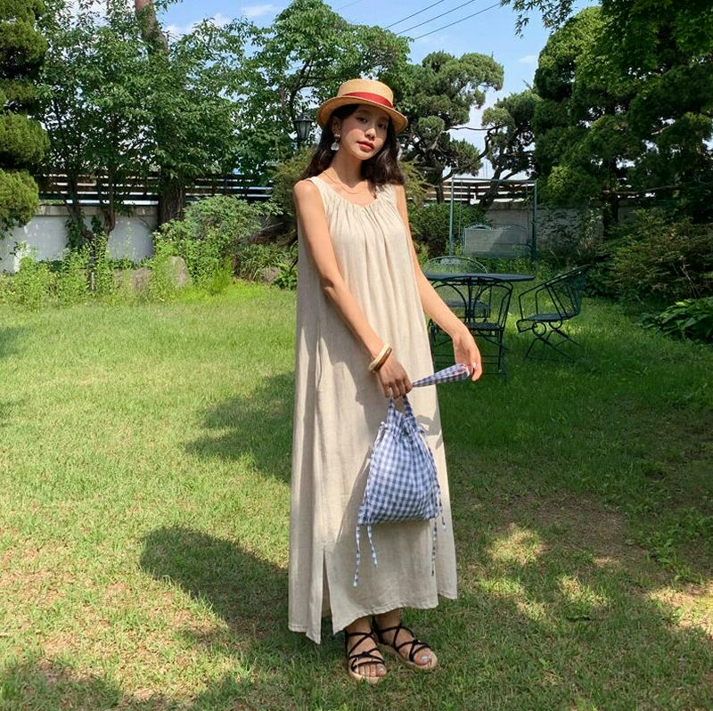 ギャザースリーブレスワンピース・全2色・b59639 レディース【ops】 韓国ファッション ワンピース ロングワンピース スリーブレス ノースリーブ ギャザー 単色 無地 シンプル ゆったり 体型カバー リネン 春 夏