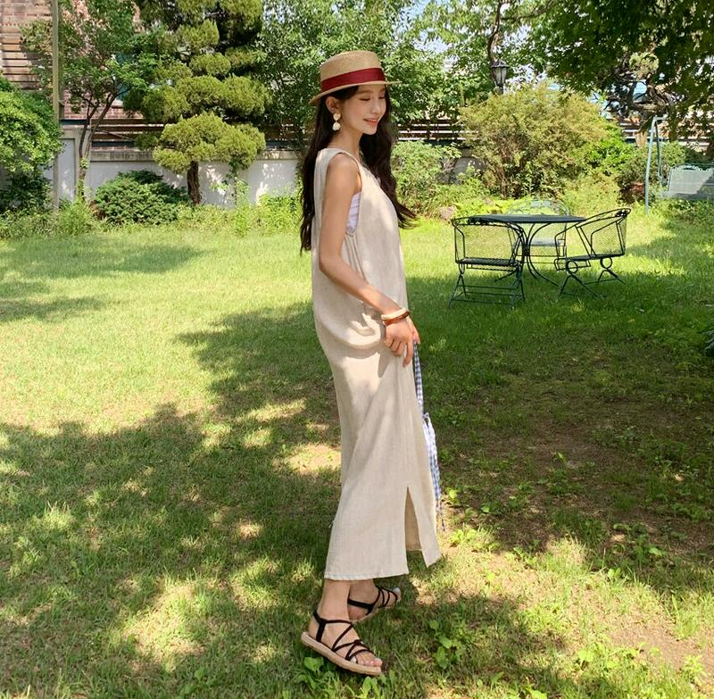 ギャザースリーブレスワンピース・全2色・b59639 レディース【ops】 韓国ファッション ワンピース ロングワンピース スリーブレス ノースリーブ ギャザー 単色 無地 シンプル ゆったり 体型カバー リネン 春 夏