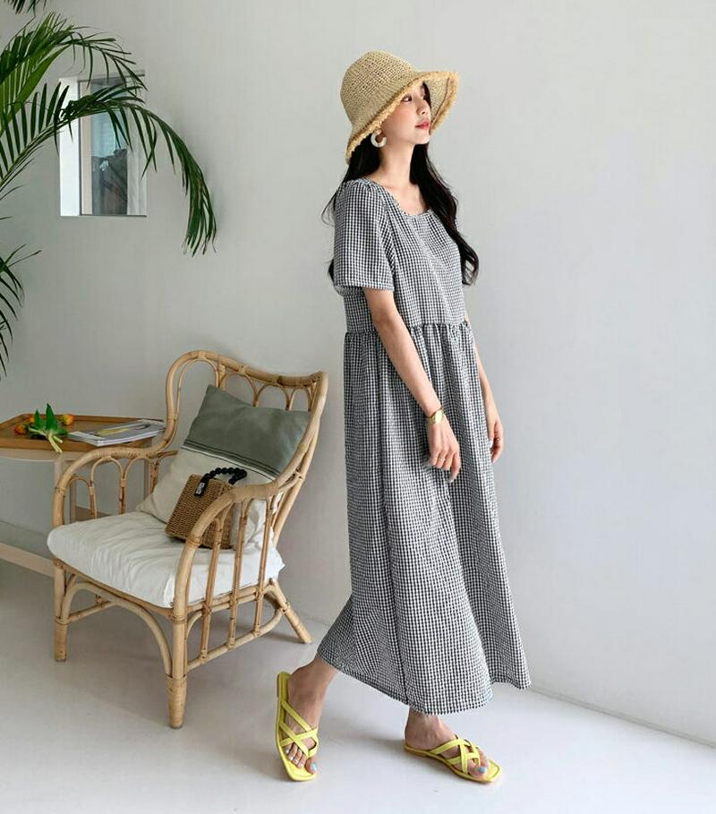 ギンガムチェックフレアワンピース・全3色・t56195 レディース【ops】【ワンピース ロング ロングワンピース 半袖 チェッ