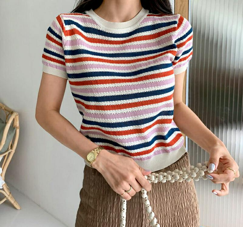2TYPE半袖ニット・全2色・b56197 レディース【tops】【トップス　ニット ニットトップス 半袖 ボーダー　柄 マルチ