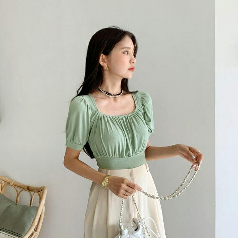 スクエアネックギャザーTシャツ・全2色・t56181 レディース【tops】【トップス Tシャツ 半袖 ギャザー スクエア スク