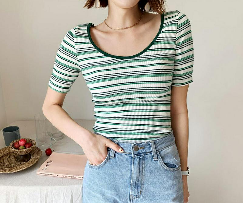 ボーダーUネックTシャツ・全4色・t56180 レディース【tops】【トップス　Tシャツ 半袖 Uネック ボーダー 柄　マルチ