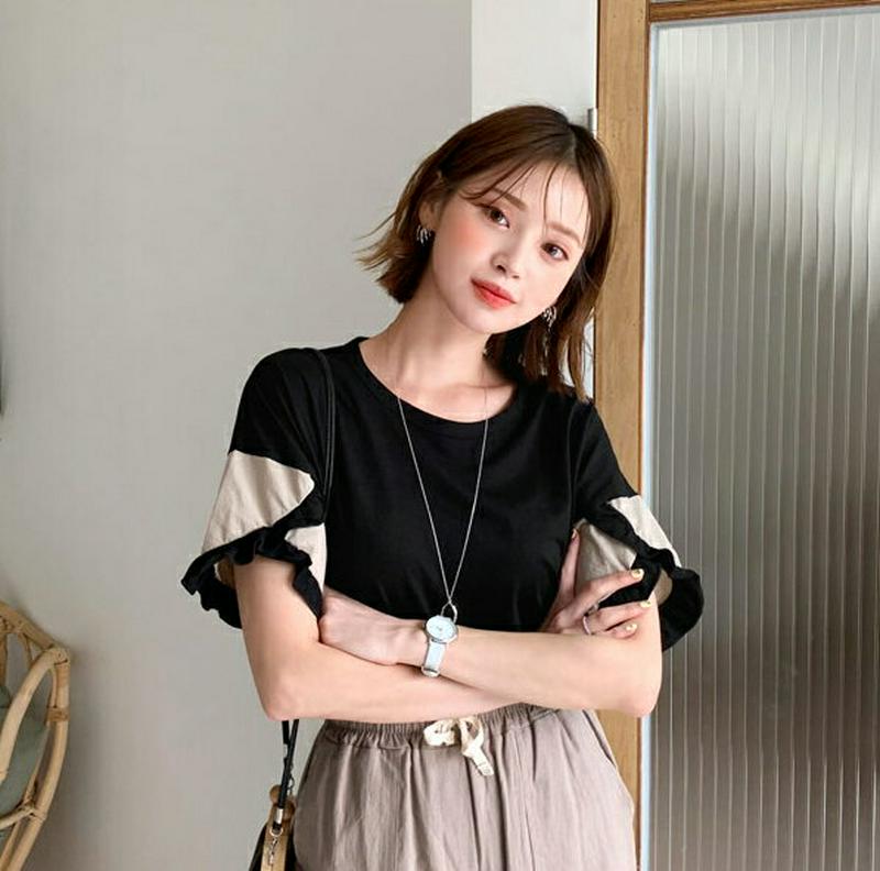 【10%OFF】フリルスリーブTシャツ・全3色・b56201 レディース【tops】 韓国ファッション トップス Tシャツ 半袖 フリル フリルスリーブ 大人 カジュアル 春 夏 セール SALE