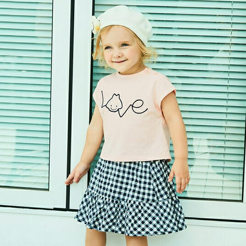 LOVE半袖Tシャツ&チェックスカートSET p002204 キッズ 【3~8才】【SET】【韓国 ファッション セット 上下セ
