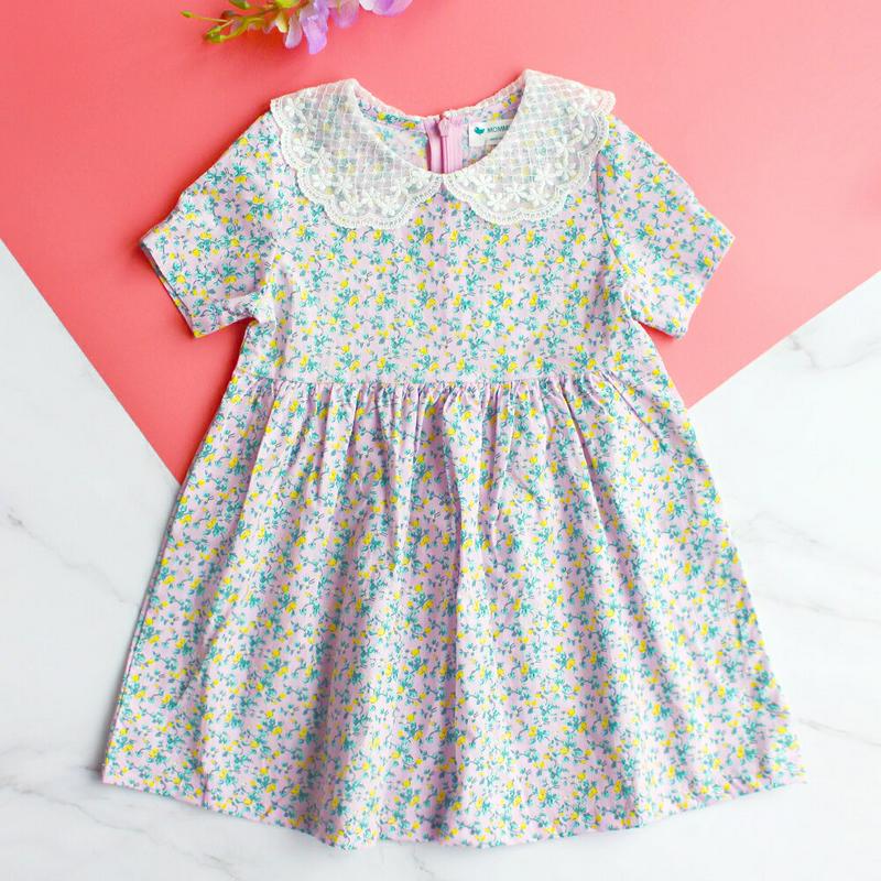 レースカラー花柄ワンピース p002428 キッズ 【3~8才】【ops】【ワンピース 半袖 ハーフスリーブ ショートスリーブ Aライン フレア ラウンドネック レース 花柄 小花柄 女の子 コットン100 レース 襟 子供 子供服 小学生 ジュニア 夏】【KIDS】