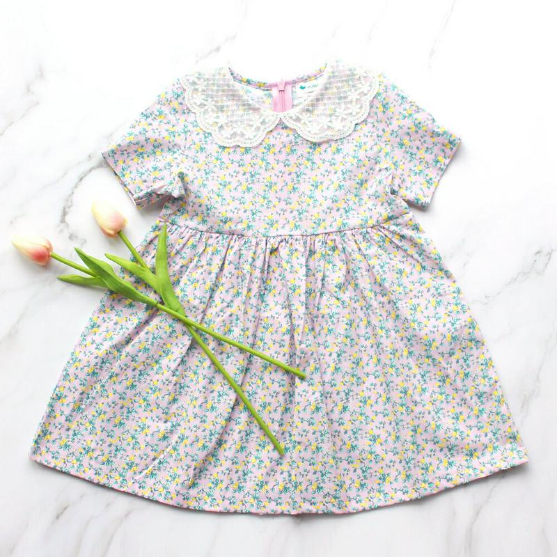 レースカラー花柄ワンピース p002428 キッズ 【3~8才】【ops】【ワンピース 半袖 ハーフスリーブ ショートスリーブ Aライン フレア ラウンドネック レース 花柄 小花柄 女の子 コットン100 レース 襟 子供 子供服 小学生 ジュニア 夏】【KIDS】