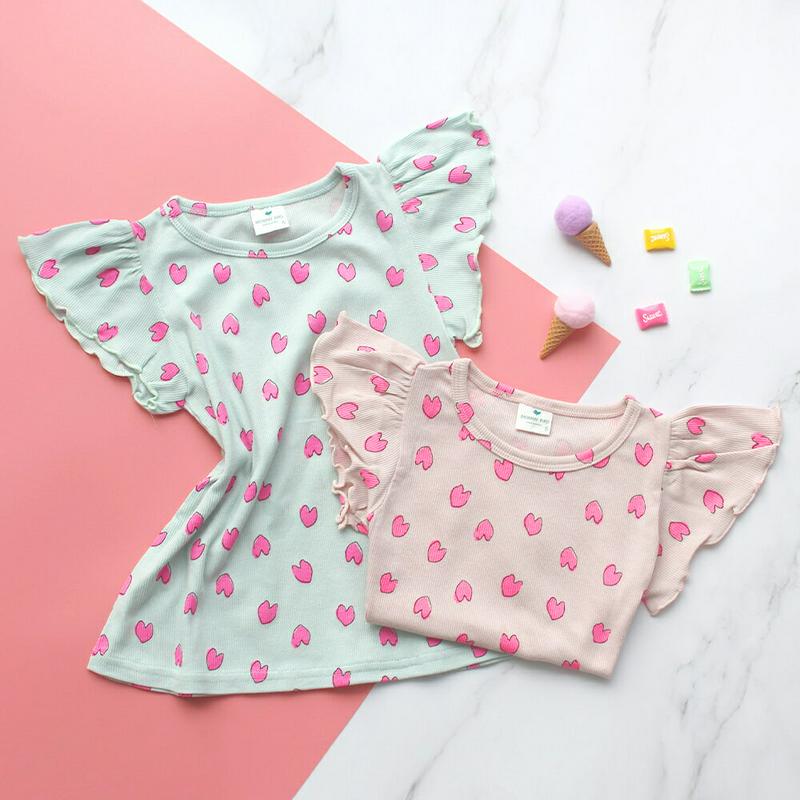 ハート柄フリルスリーブTシャツ p002447 キッズ 【3~8才】【tops】【韓国 ファッション トップス Tシャツ カット