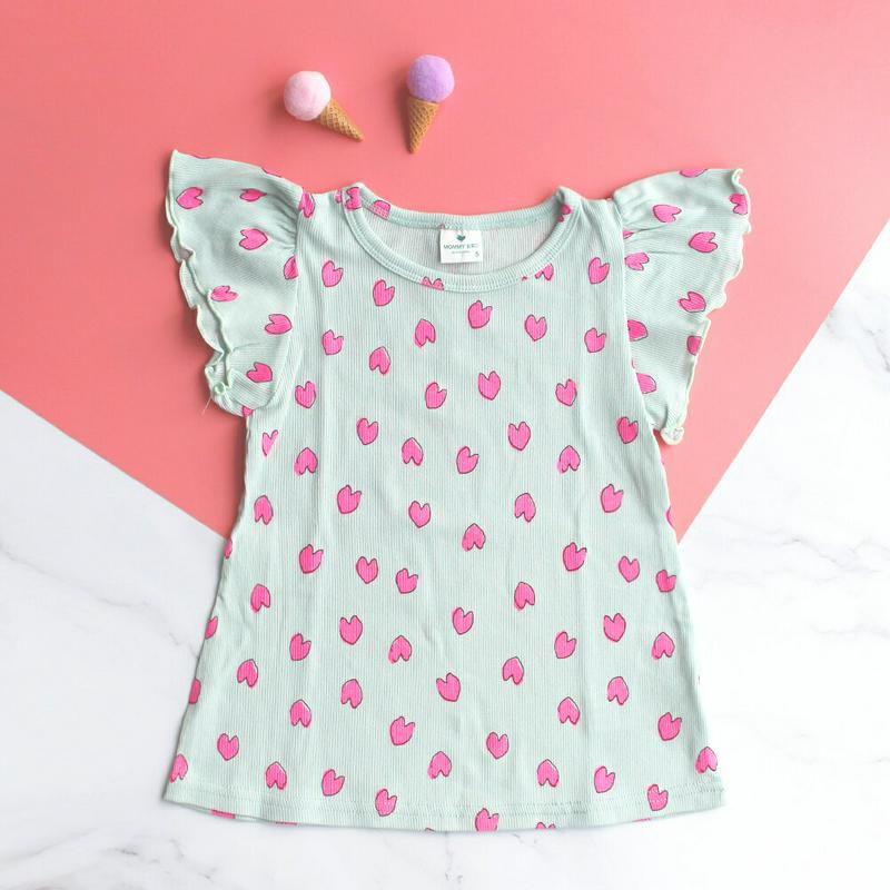 ハート柄フリルスリーブTシャツ p002447 キッズ 【3~8才】【tops】【韓国 ファッション トップス Tシャツ カット