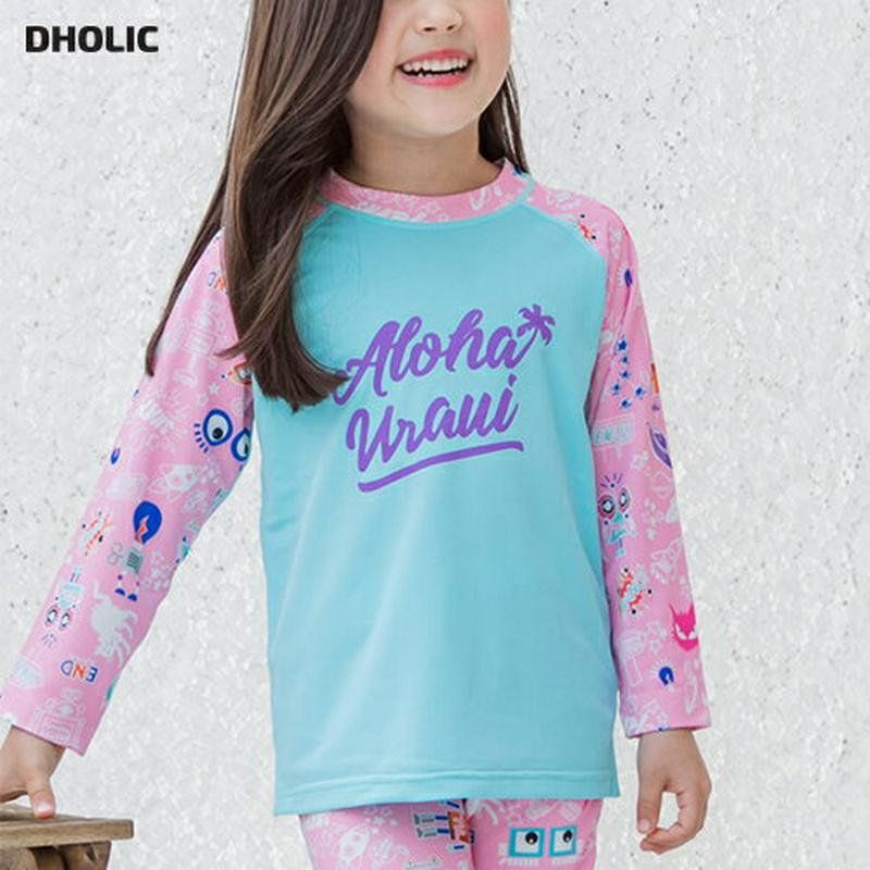 AlohaラッシュガードTシャツ・p001586 キッズ【3~8才】【bw】【水着 スイムウェア ラッシュガード 長袖 総柄 カジュアル 女の子 男の子 子供 こども 子供服 こども服】【KIDS】