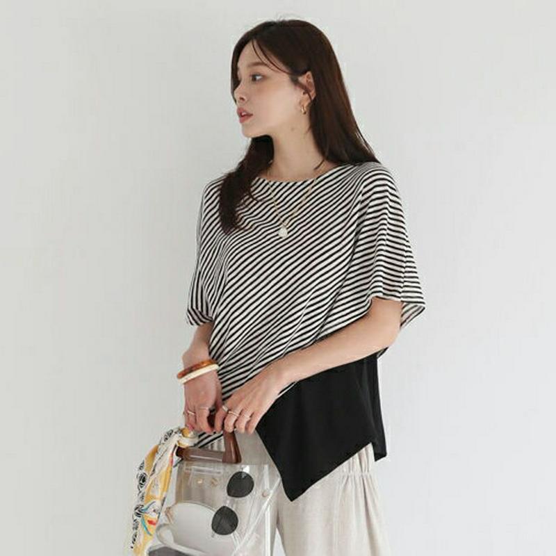 ストライプコントラストTシャツ・全3色・b62452 レディース【tops】【トップス Tシャツ 半袖 ストライプ 柄 コントラ