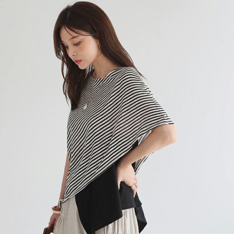 ストライプコントラストTシャツ・全3色・b62452 レディース【tops】【トップス Tシャツ 半袖 ストライプ 柄 コントラ