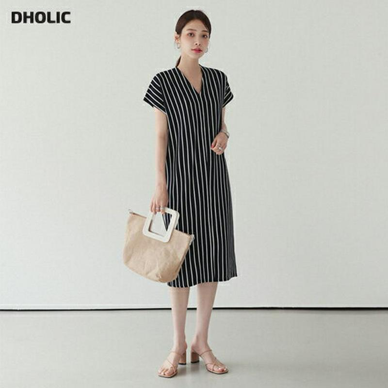 Vネックストライプワンピース・全3色・b62465 レディース【ops】【ワンピース ミディ丈 ミディワンピース ショートスリー