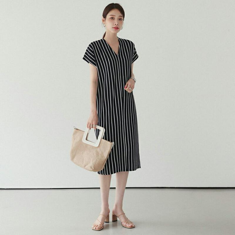 Vネックストライプワンピース・全3色・b62465 レディース【ops】【ワンピース ミディ丈 ミディワンピース ショートスリー