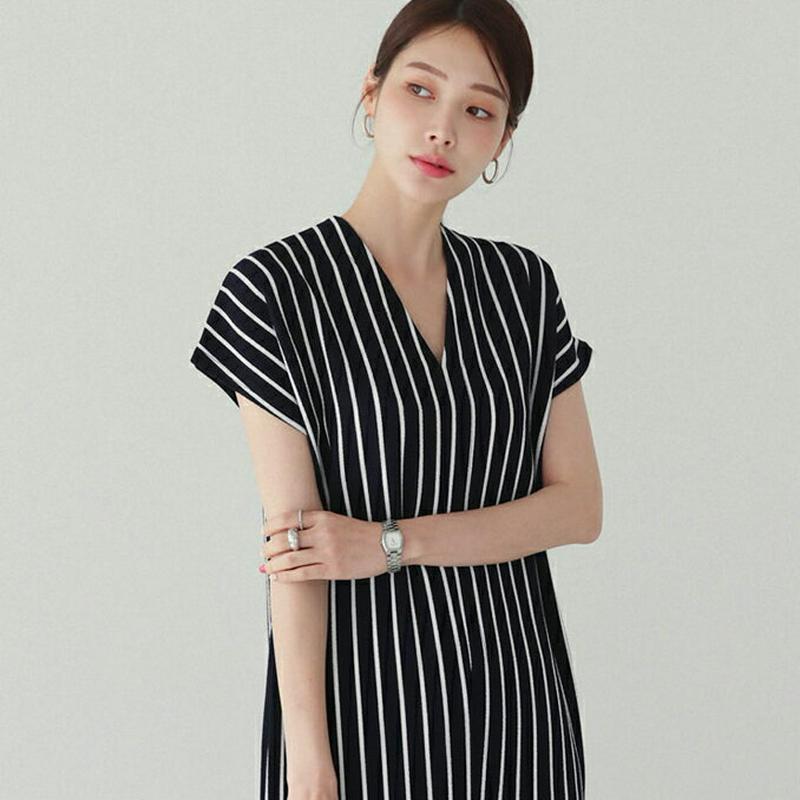 Vネックストライプワンピース・全3色・b62465 レディース【ops】【ワンピース ミディ丈 ミディワンピース ショートスリー