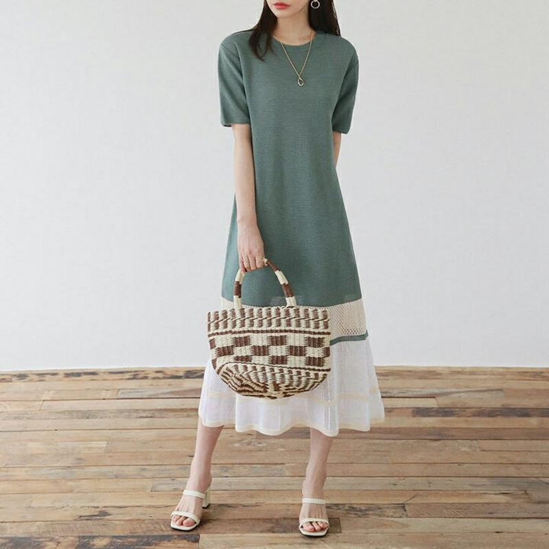 コントラストカラーニットワンピース・全3色・b62469 レディース【ops】【ワンピース ロング ロングワンピース 半袖 ニッ