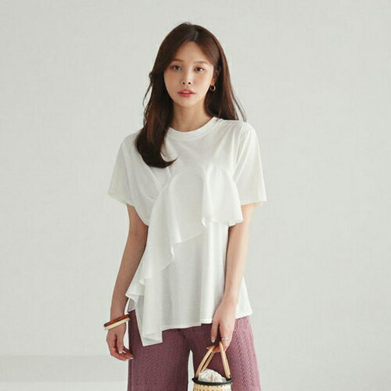 ダイアゴナルラッフルTシャツ・全2色・b62454 レディース【tops】【トップス Tシャツ 半袖 ラッフル フリル ダイアゴ