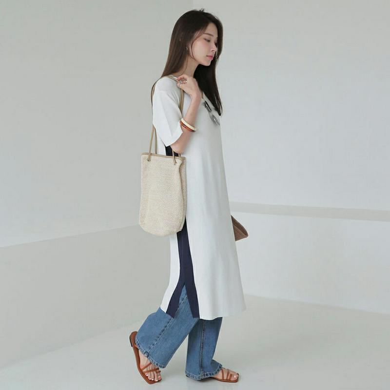 配色ラインニットワンピース・全2色・b62574 レディース【ops】【ワンピース ミディ丈 ミディワンピース 半袖 ハーフスリ