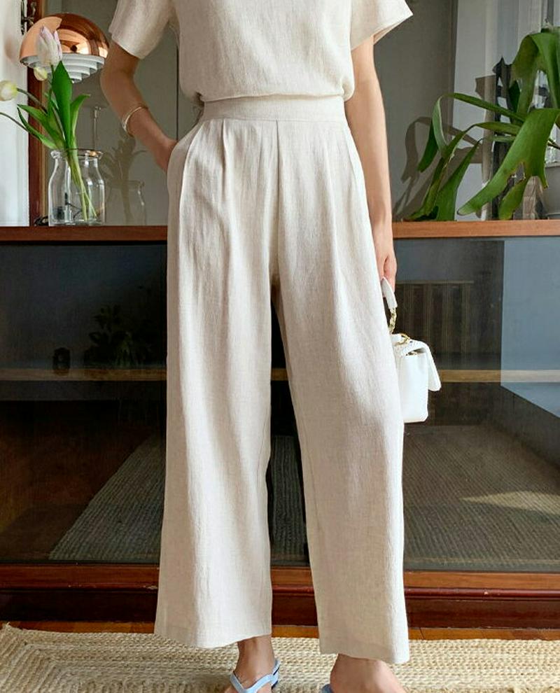 リネン混バックゴムパンツ・全2色・t59714 レディース【pt】【パンツ ロング ロングパンツ ズボン ボトムス リネン 単色