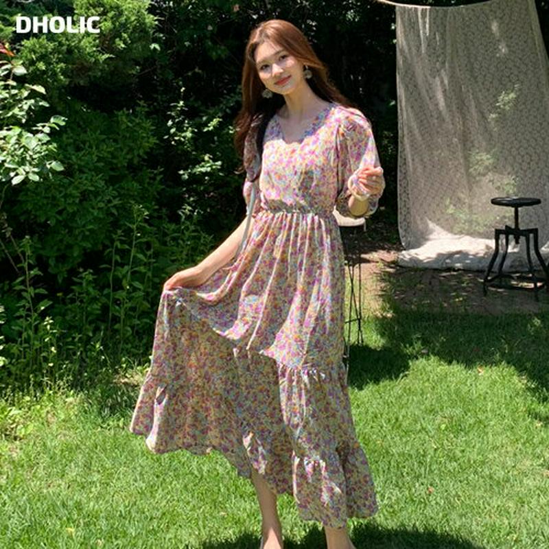 パフフラワーパターンワンピース・全2色・b59709 レディース【ops】【ワンピース ロング ロングワンピース 七分丈 七分袖