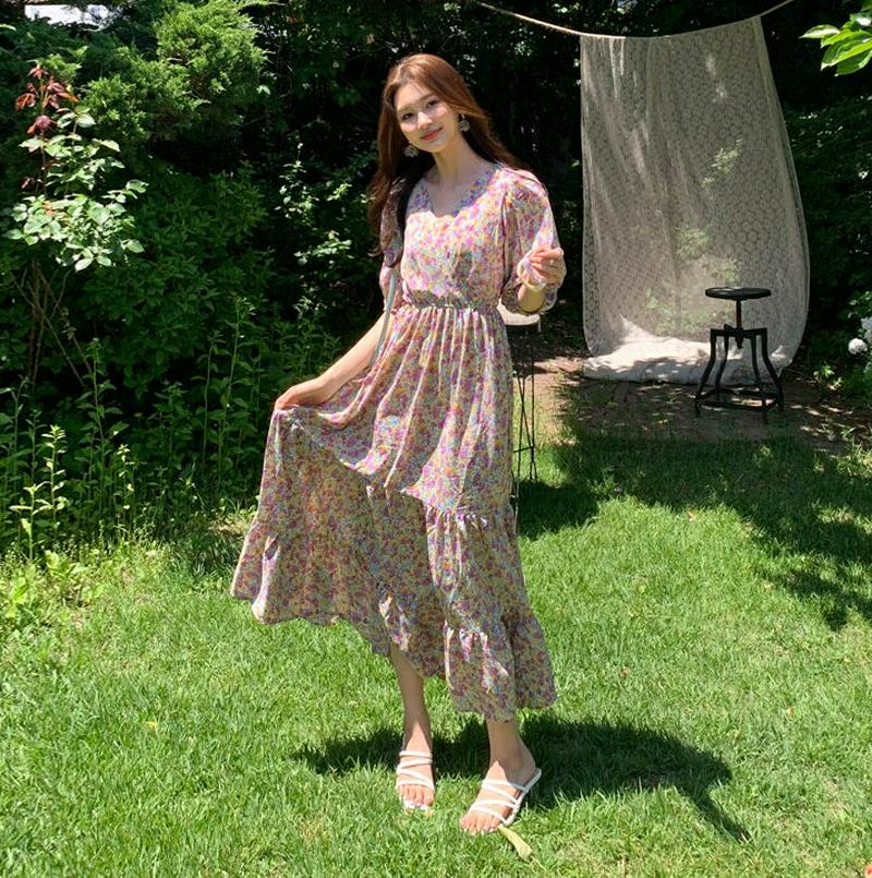 パフフラワーパターンワンピース・全2色・b59709 レディース【ops】【ワンピース ロング ロングワンピース 七分丈 七分袖