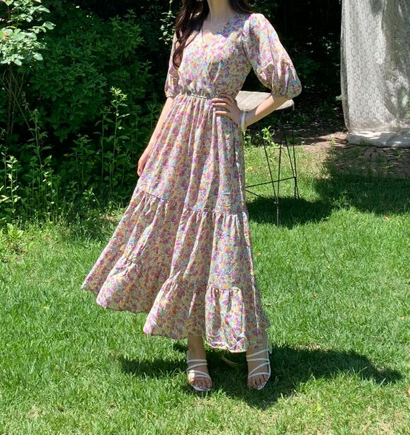 パフフラワーパターンワンピース・全2色・b59709 レディース【ops】【ワンピース ロング ロングワンピース 七分丈 七分袖